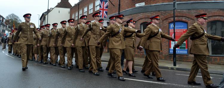 Image showing 12 Regiment, Royal Artillery marching away from Litten Gardens, Chichester - Remembrance Sunday 2015