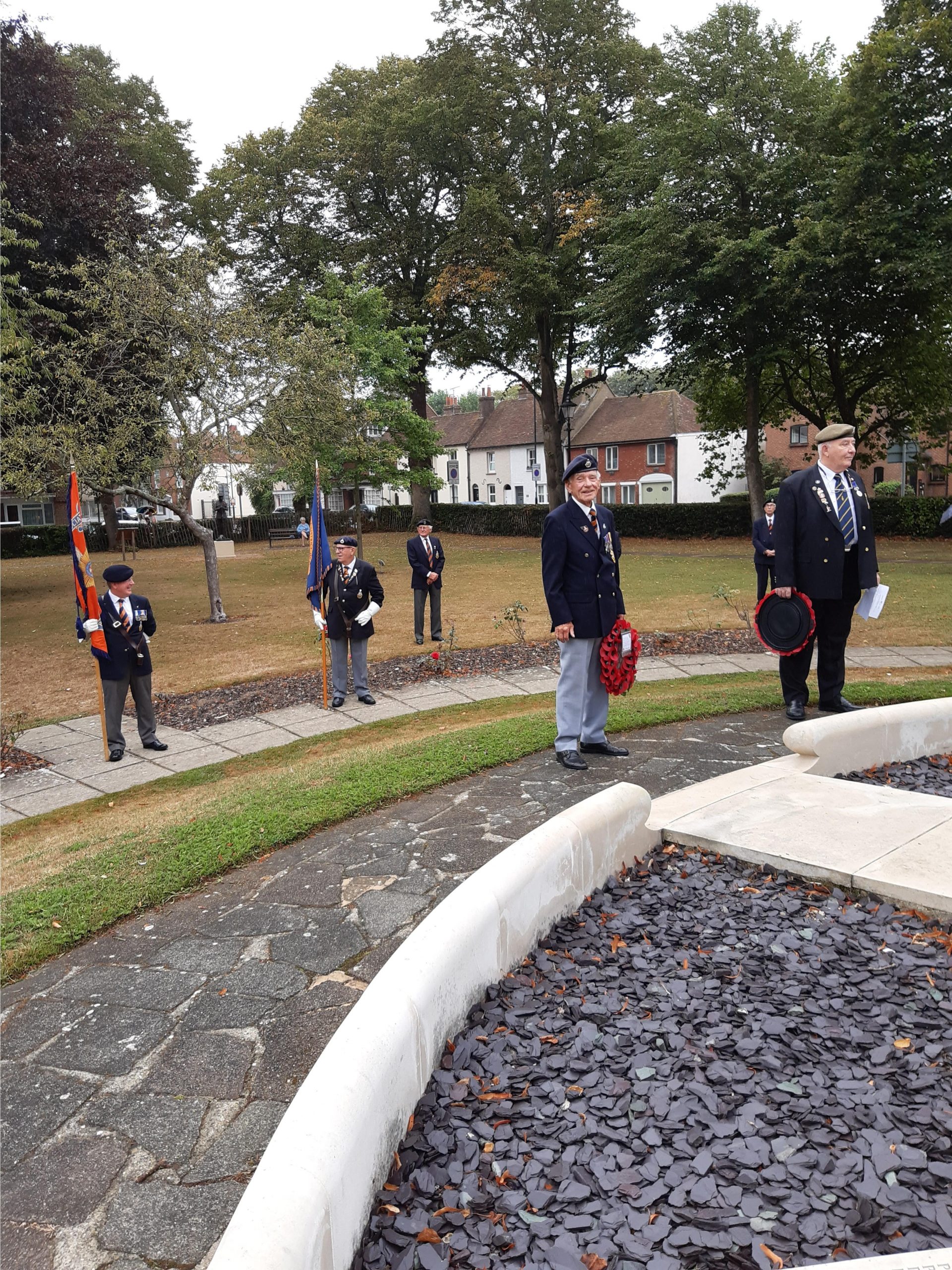 Image showing standard bearers at the War Memorial, Litten Gardens, Chichester, on the occasion of the 75th anniversary of VJ Day, August 2020