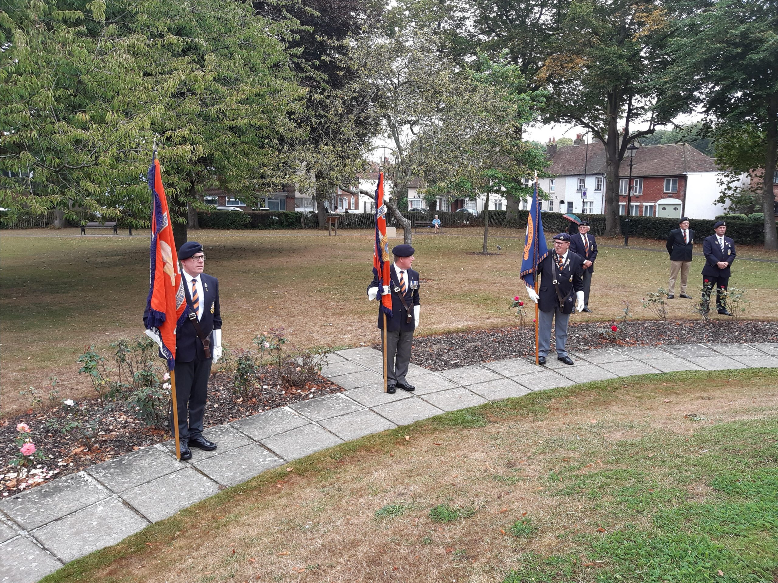 Image showing standard bearers at the War Memorial, Litten Gardens, Chichester, on the occasion of the 75th anniversary of VJ Day, August 2020