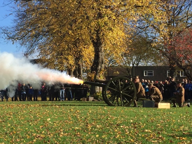Image showing the Garrison Artillery Volunteers firing a World War One 18 pound field gun at Remembrance Sunday 2018 to commemorate 100 years since the end of World War One. New Park/Litten Gardens, Chichester