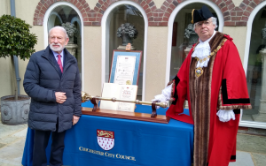 Image showing Phillip Jackson, CVO, DL, MA, FRBS, with the Mayor, Councillor Plowman, on the occasion of the receipt of the Freedom of the City of Chichester