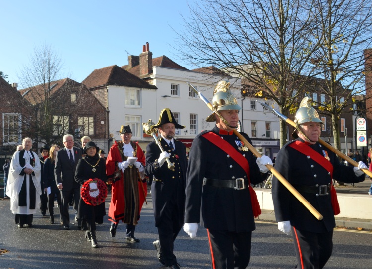 Image showing the Civic procession in Eastgate Square, Chichester. Remembrance 2019. Visible are the Mayor's Constables, Mace Bearer, the Mayor and Mayor's Chaplain