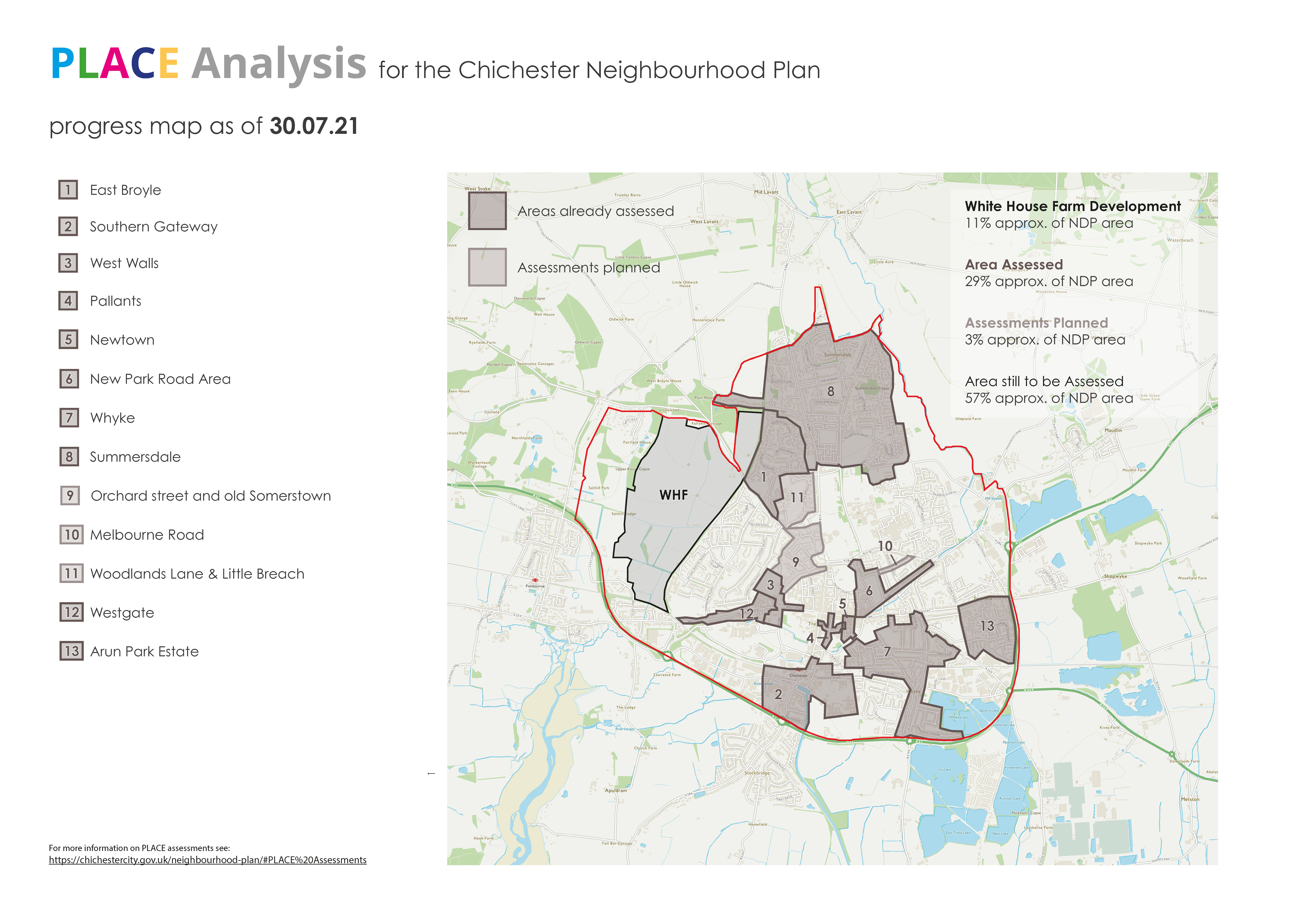 Chichester Neighbourhood Plan - map showing areas covered by PLACE assessments at 30 July 2021