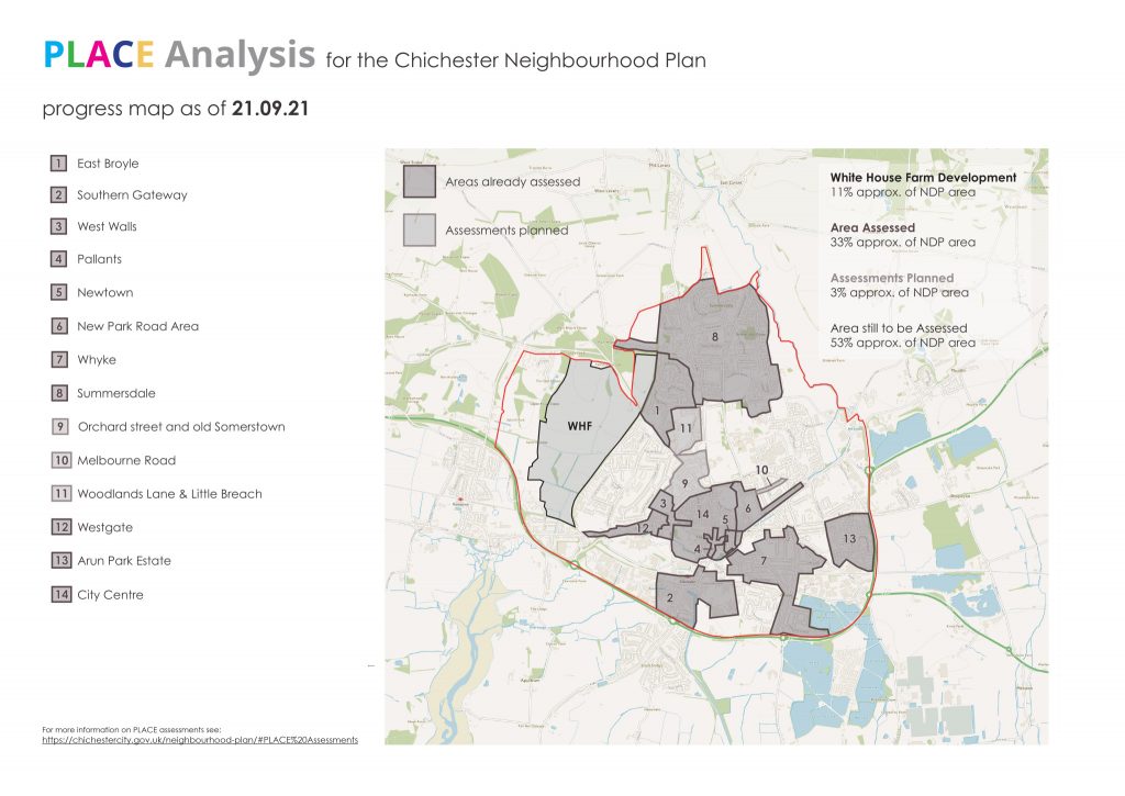 Chichester Neighbourhood Plan - map showing completed PLACE assessments at 21 September 2021