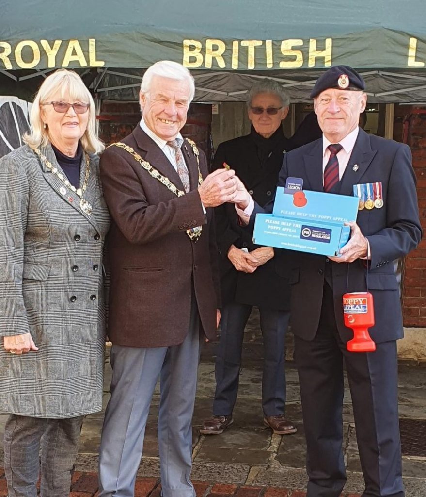 The Mayor, Councillor John Hughes, accompanied by the Mayoress. Councillor Cherry Hughes, launch the Royal British Legion Poppy Appeal outside the City Council offices in North Street. 30 October 2021