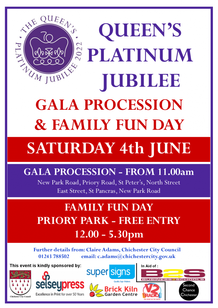 Poster promoting Chichester City Council's Queen's Platinum Jubilee Gala procession and Family Fun day - 4 June 2022