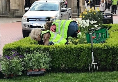Photo showing volunteers helping replant Chichester Cathedral flower beds - April 2022
