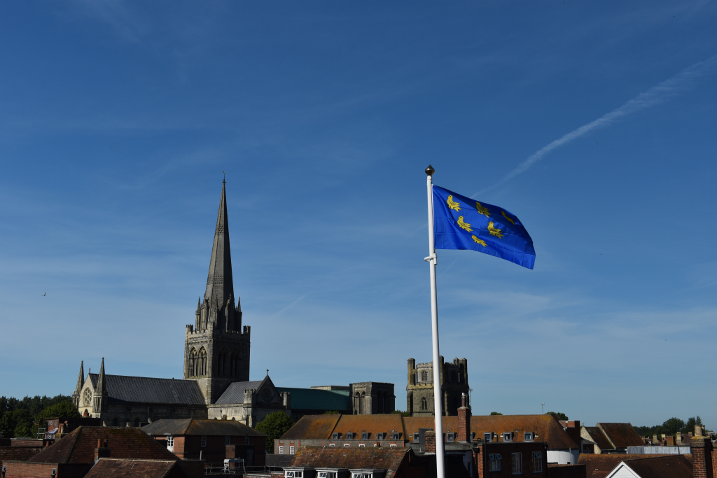 Chichester City Council - View from the Council House roof with the Sussex flag flying and the cathedral in the background - 16 June 2022