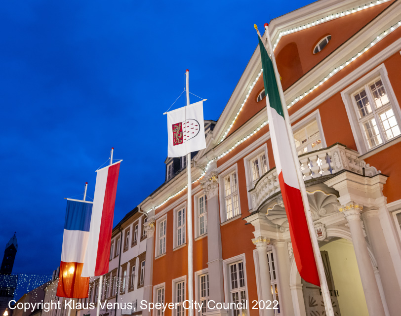 Speyer City Hall showing all three Twinning flags - December 2022