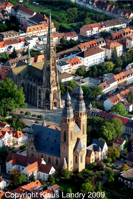 Speyer aerial view showing the Gedachtniskirche (Memorial) Church and St Joseph's Church (in foreground)