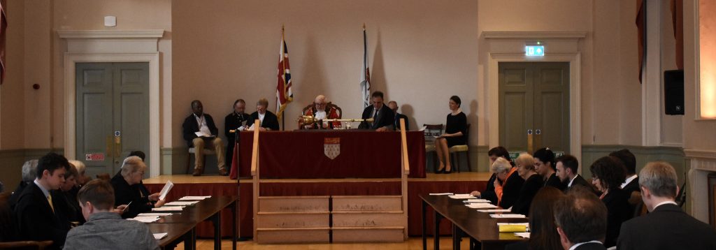 The newly elected Mayor, Councillor Gershater, presides over the first meeting of the newly elected City Council and the Annual Meeting held in the Assembly Room, the Council House, on 17 May 2023