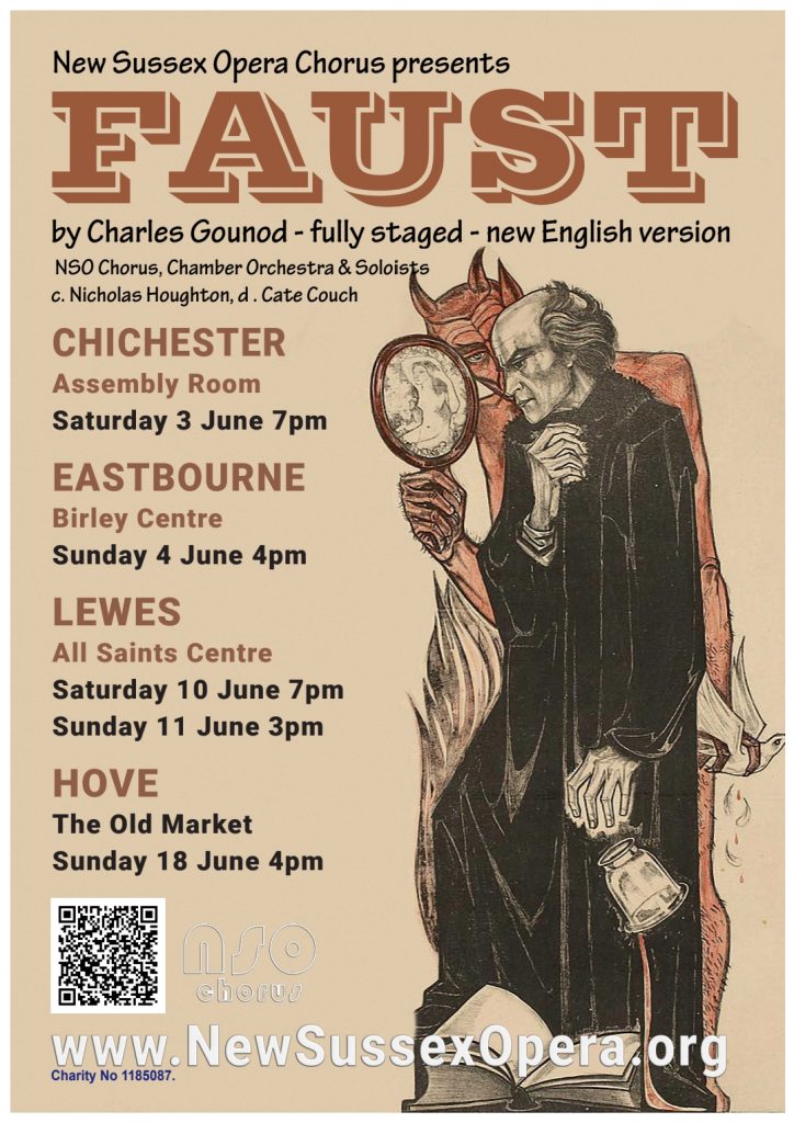 Poster for New Sussex Opera performances of Gounod's Faust taking place in the Assembly Room on 3 June 2023