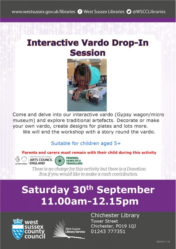 Poster for an interactive Vardo drop-in session at Chichester Library on 30 September 2023