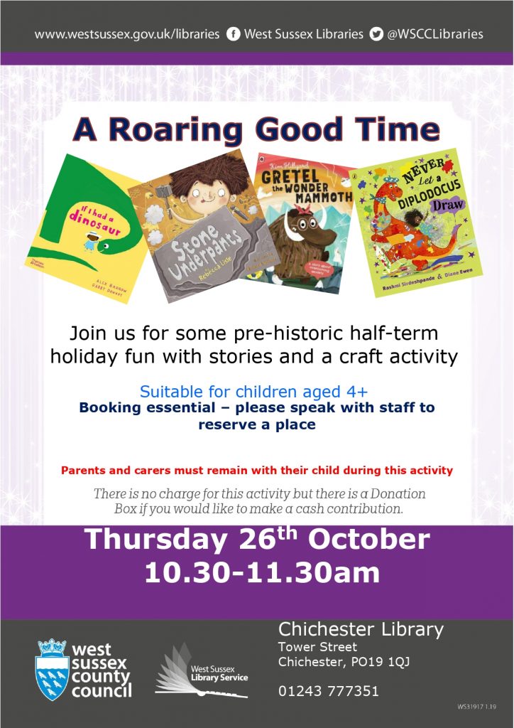 Poster for West Sussex County Libraries October 2023 pre-historic half-term holiday activities at Chichester Library on 26 October 2023
