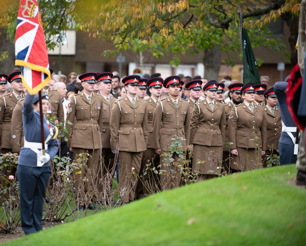 12 Regiment Royal Artillery and standard bearers at attention at the War Memorial Litten Gardens - Remembrance Day - 12-11-2023