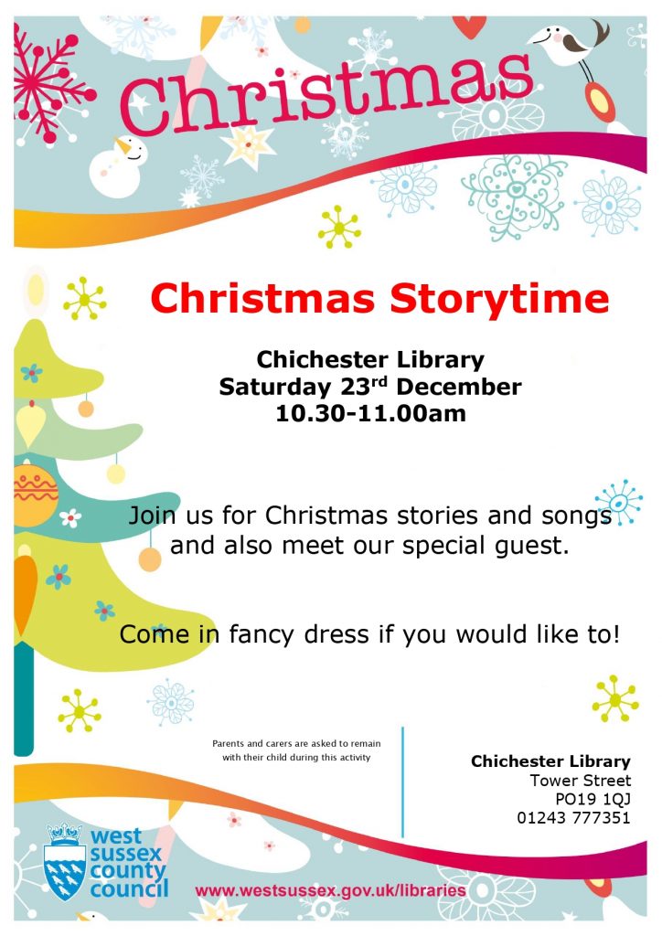 Poster for Christmas storytime at Chichester Library, Saturday 23 December 2023