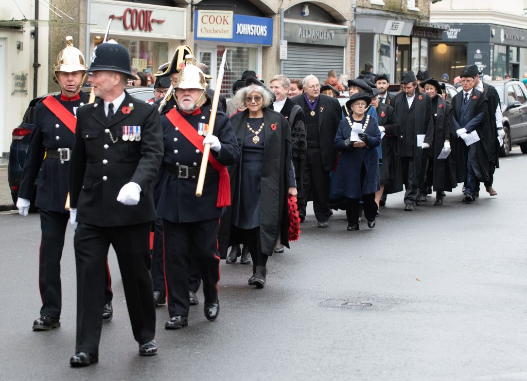 City Council and civic parade marching along East Street towards Litten Gardens - Remembrance Day - 12-11-2023