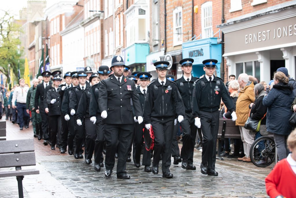 Sussex Police and Police Cadets marching along East Street towards Litten Gardens - Remembrance Day - 12-11-2023
