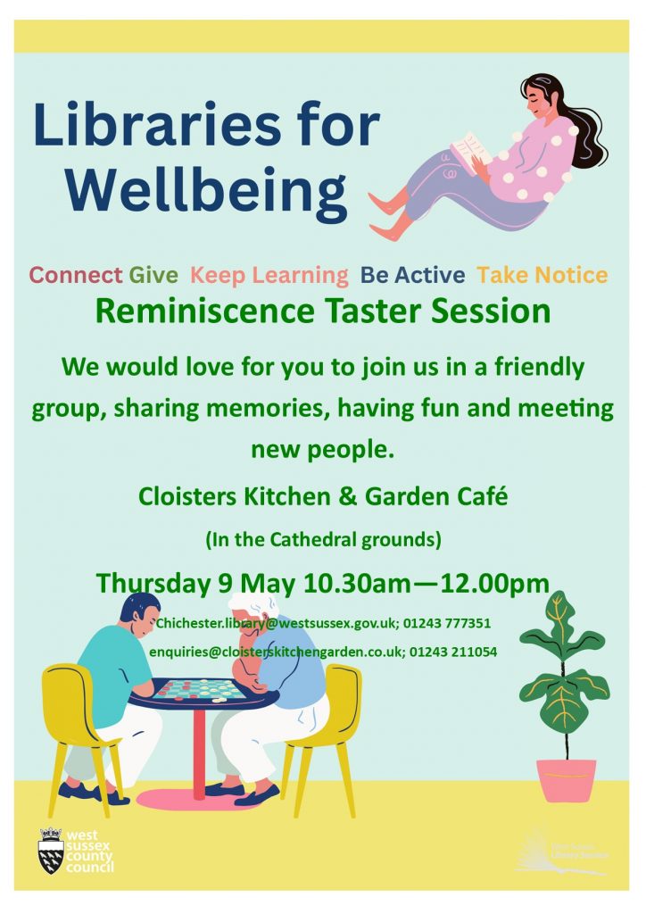 Poster for Libraries for Wellbeing reminiscence event - Cloisters Cafe - 9 May 2024 10.30am