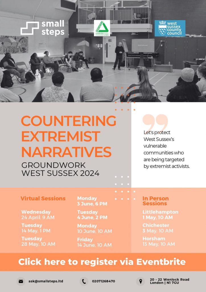 Poster for "Countering Extremist Narratives workshops being held in West Sussex in May 2024 and online in May and June 2024