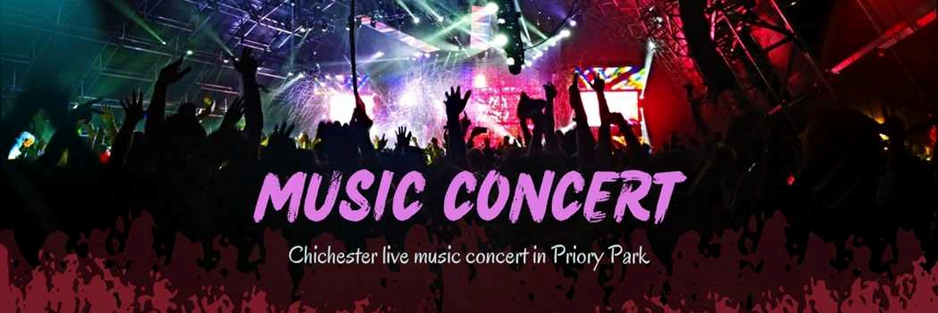 Image showing generic image of a music concert. Text reads Music Concert - Chichester live music in Priory Park