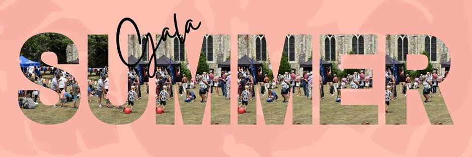 Logo worded as Summer Gala showing image from previous Chichester Gala and a pink background