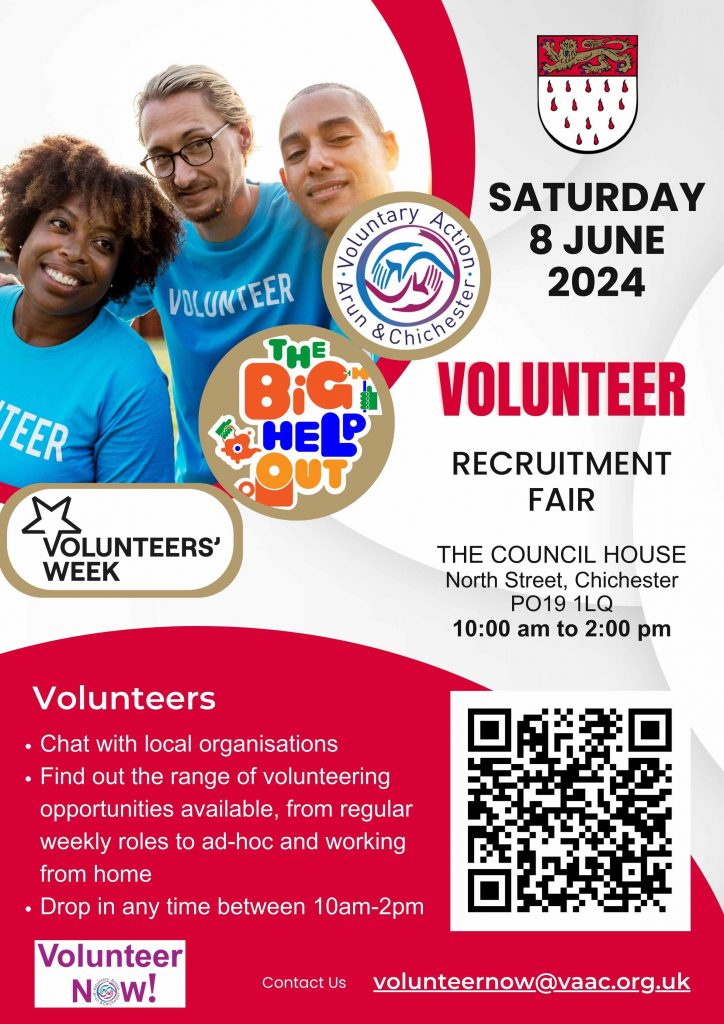 Poster for Volunteer Recruitment Fair at the Council House, North Street, Chichester - 8 June - 10am to 2pm - organised but Chichester City Council and Voluntary Action Chichester and Arun