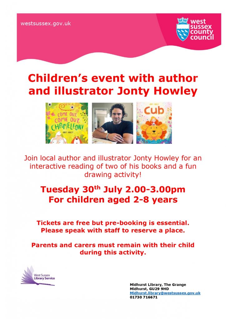Poster for Jonty Howley author event - Midhurst Library - 30 July 2024 - 2pm to 3pm