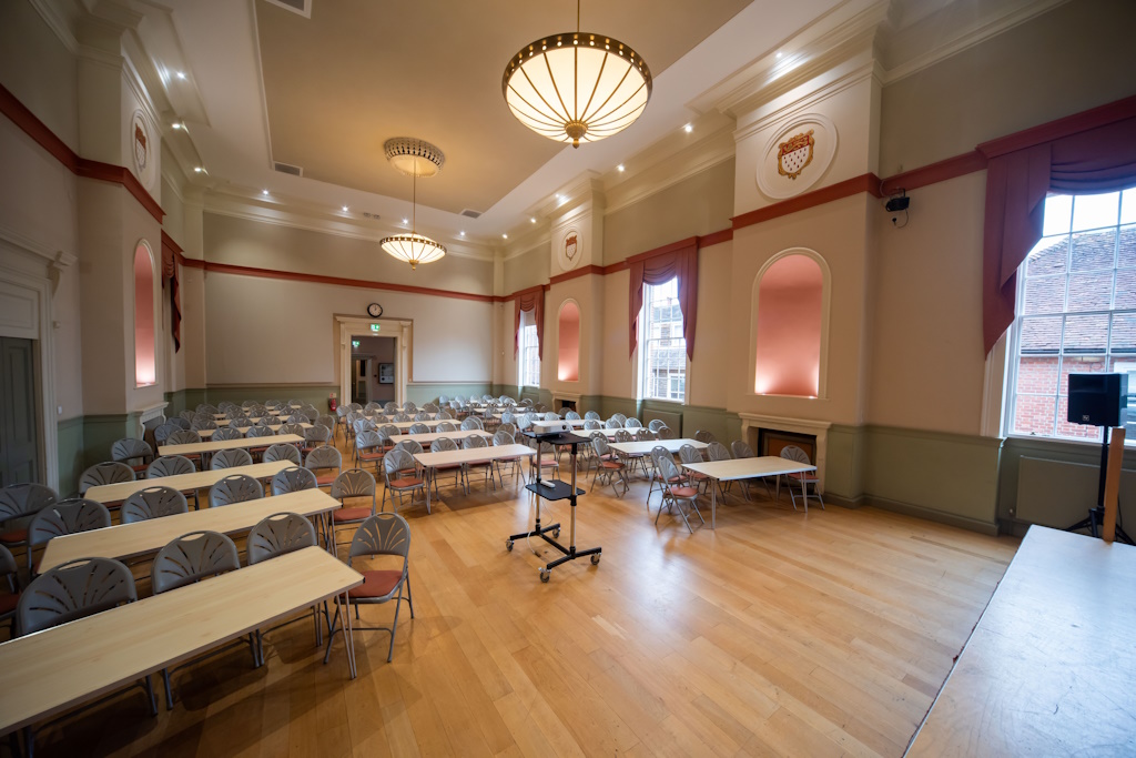 Photo of the Assembly Room, set up cabaret/lecture style, taken from the front of the room