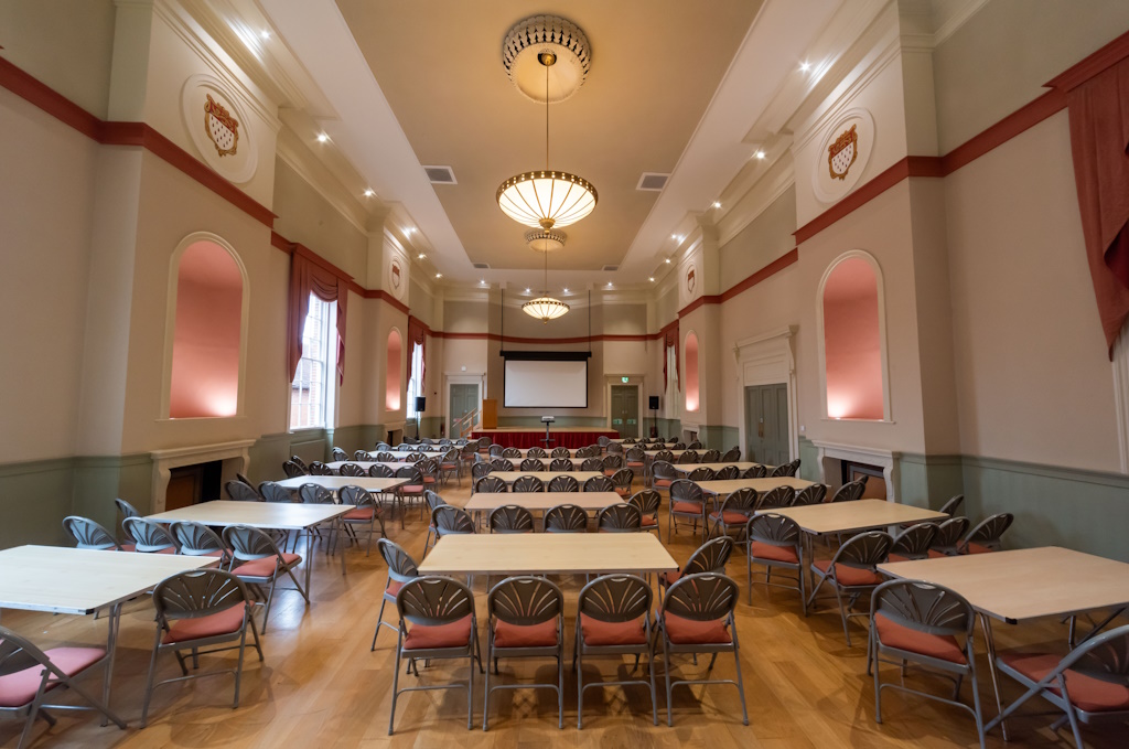 Photo of the Assembly Room, set up cabaret/lecture style, taken from the main door