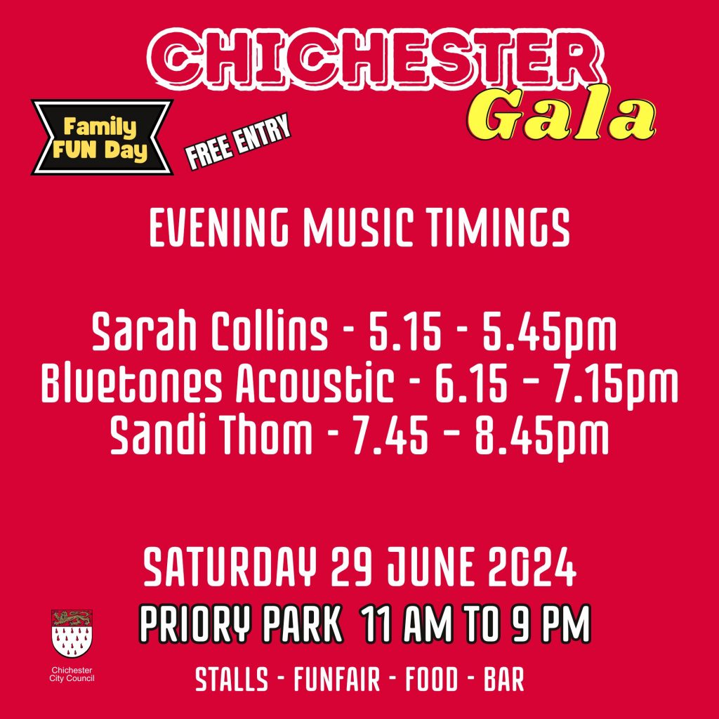 Image showing lineup and times for evening live music at Chichester City Gala - 29 June 2024
