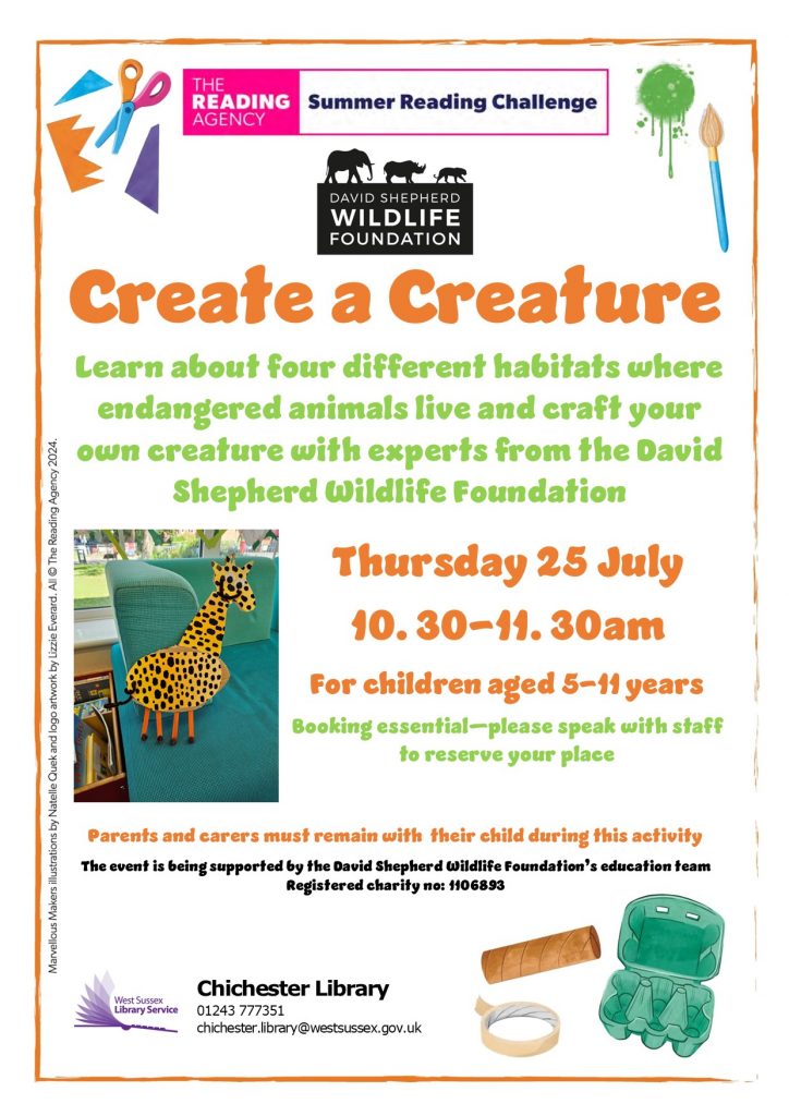 Poster for Create a Creature event with David Shepherd. Chichester Library, 25 July 2024, 10.30am to 11.30am