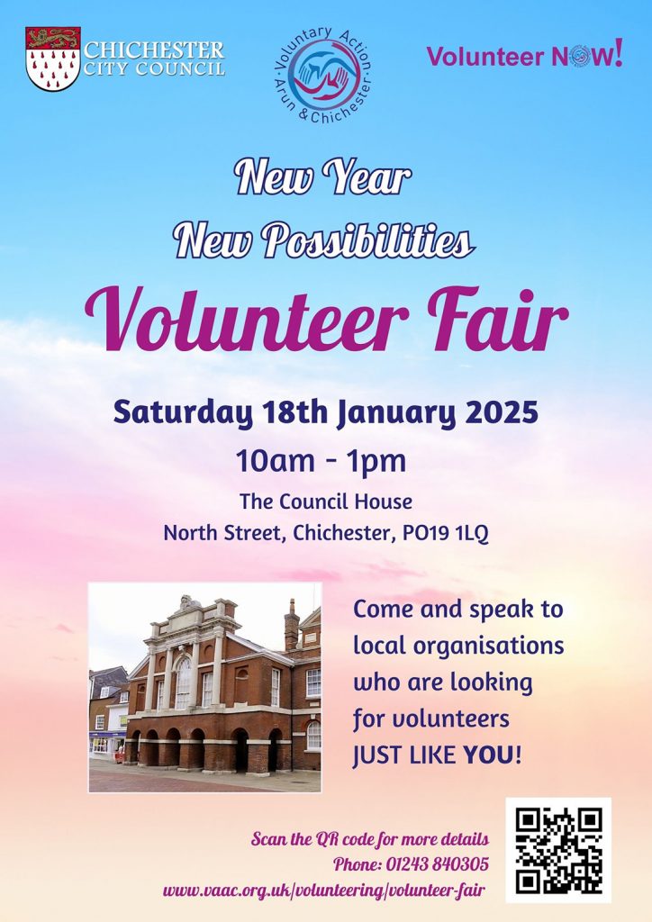 The Volunteer Fair is an event taking place on Saturday, January 18th, 2025, from 10 am to 1 pm at The Council House in Chichester. It offers an opportunity to meet local organizations seeking volunteers. More details can be accessed via a QR code, phone, or website.
Event Details

New Year, New Possibilities
Volunteer Fair
Date: Saturday, January 18th, 2025
Time: 10 am - 1 pm
Location: The Council House, North Street, Chichester, PO19 1LQ

Additional Information

Meet local organizations looking for volunteers
Scan the QR code for more details
Phone: 01243 840305
Website: www.vaac.org.uk/volunteering/volunteer-fair
