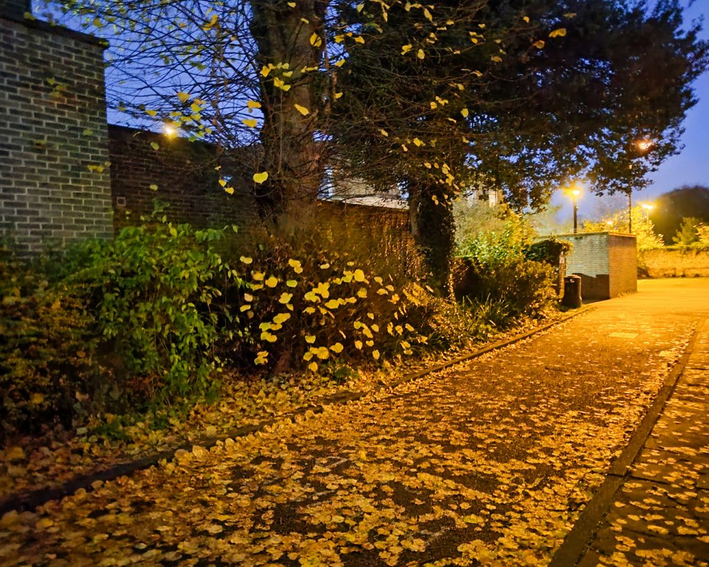 Outside the Ox Market in Chichester, the pathway is partially lit using street lighting.