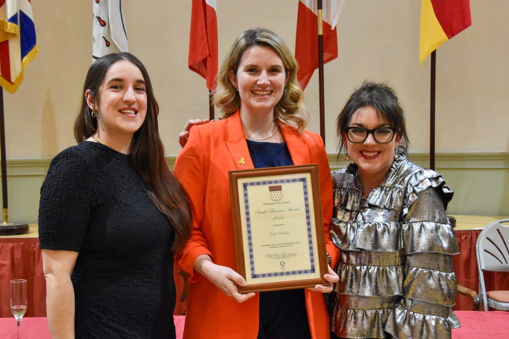 Photograph of Small Business Award winner Cafe Paradiso with MP of Chichester Jess Brown-Fuller