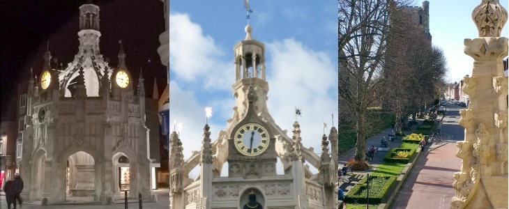 3 photos of Chichester Cross, one taken at night, one taken of the clock during the day and one from the top overlooking the Cathedral Flowerbeds.