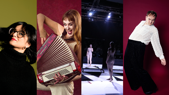 Chichester Fringe collage of images featuring artists performing in 2025. One is posing for the camera, the other holding an accordion with face paint, the other image is of two people on stage and the last is an other person posing for the camera.