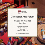 Infographic of: Chichester Arts Forum Thursday 19th June 2025 6pm - 8pm Chichester City Council The Council House North Street Chichester, PO19 1LQ forums@chichestercity.gov.uk Chichester City Council With a backdrop of paints on a table.