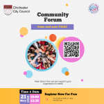 Community Forum Come and meet VAAC Hear about how we can support your organisation's needs. Register Now For Free Via the link provided or using this QR Code (https://buytickets.at/voluntaryactionarunchichester/1670786). Time & Date 21st May 2025 10am to 12.30pm