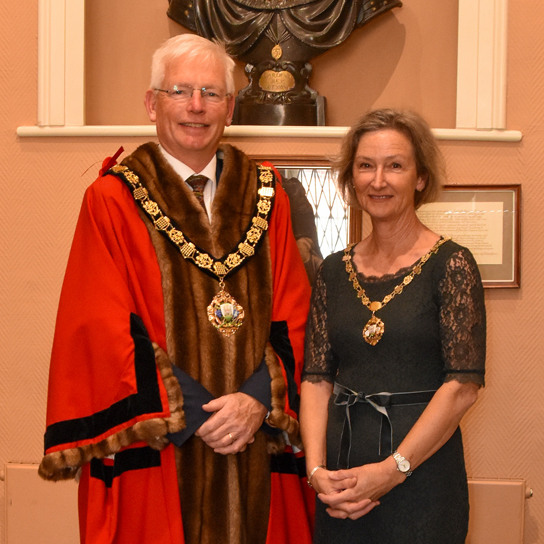 Photo of the Mayor of Chichester Councillor Sean McHale for the years 2025/26, accompanied by the Mayoress Michaela McHale
