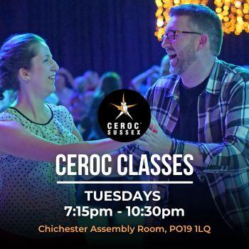 Photo of two people dancing Text: Ceroc Sussex Ceroc Classes Tuesday 7.15pm -10.30pm Chichester Assembly Room, PO19 1LQ