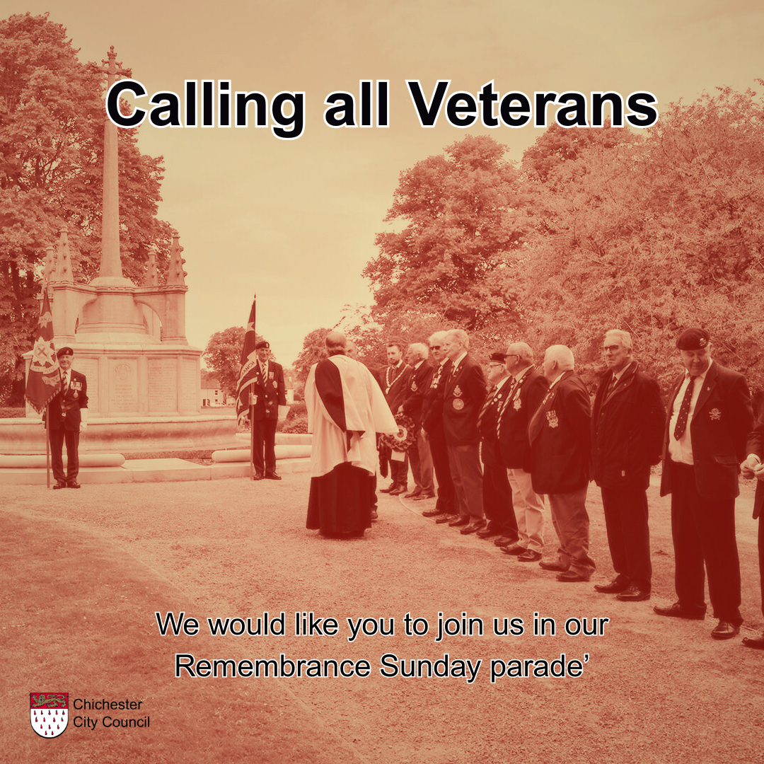 Photo of Litten Garden Remembrance Service, with text: Calling all Veterans We would like you to join us in our Remembrance Sunday parade’
