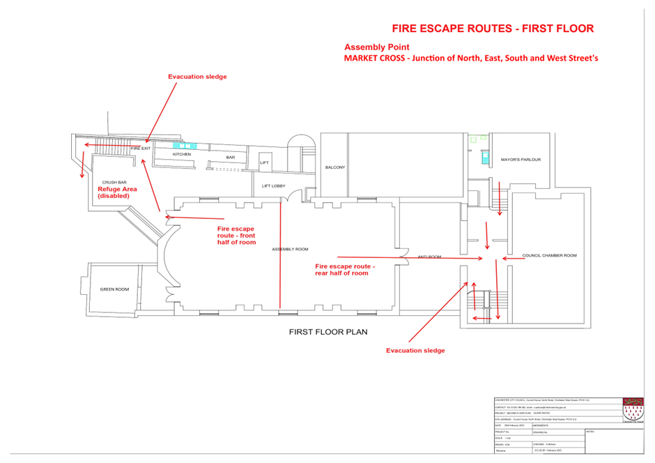 The Council House - first floor floor plan showing emergency escape routes and exits.