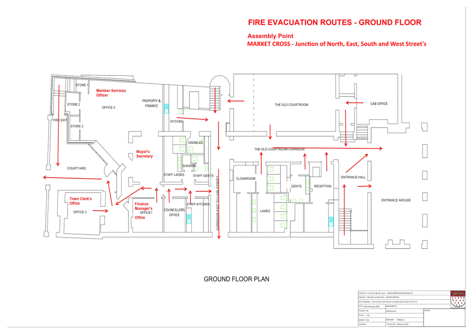 The Council House - ground floor floor plan showing emergency escape routes and exits.