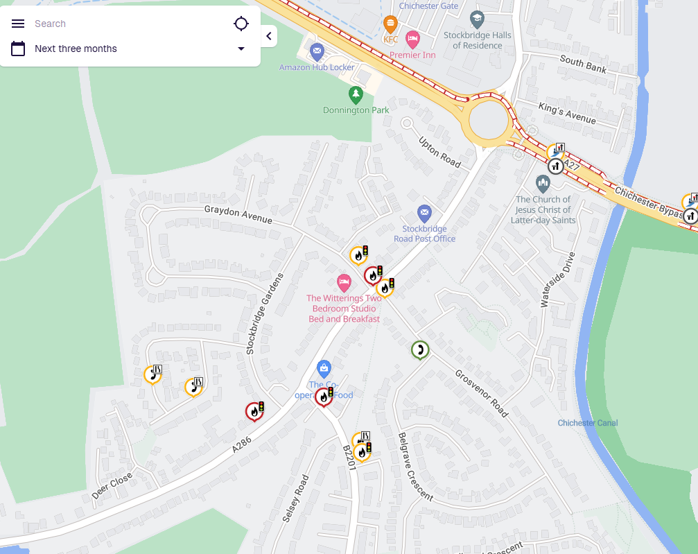 Google Maps Screenshot of Roadworks Planned on Stockbridge Road.