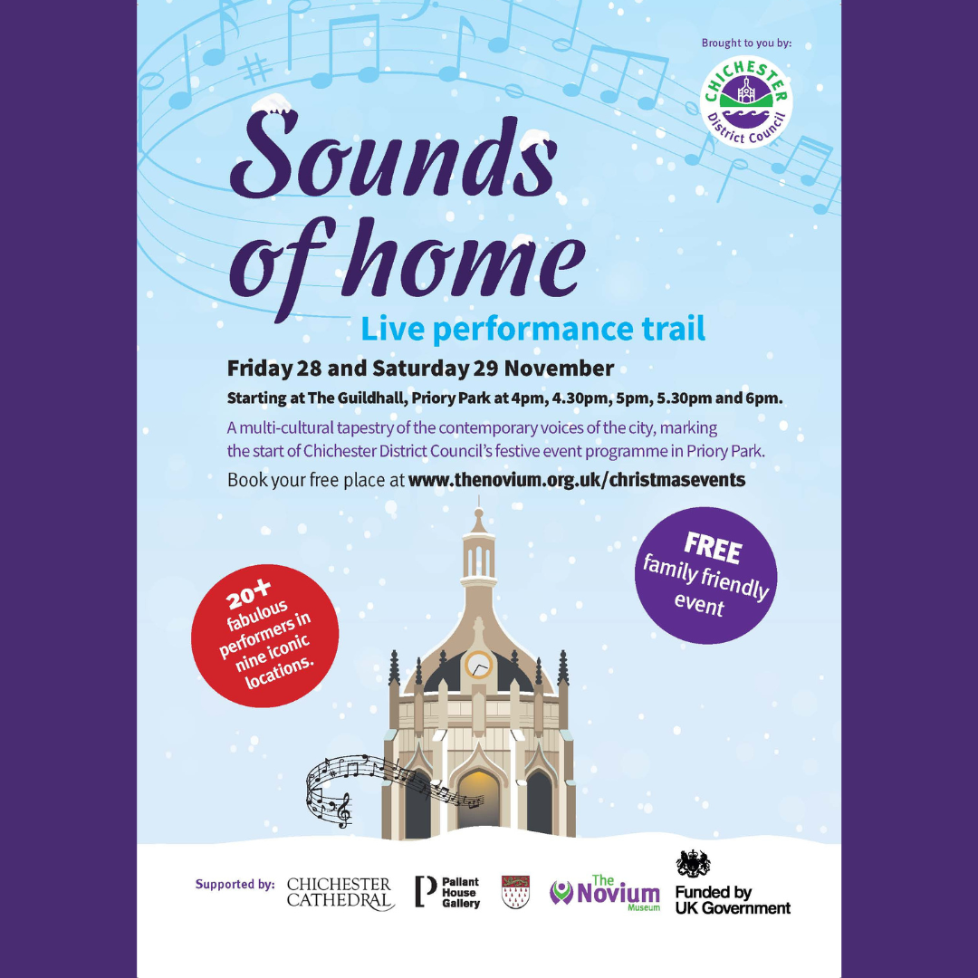 Friday 28 and Saturday 29 November Starting at The Guildhall, Priory Park at 4pm, 4.30pm, 5pm, 5.30pm and 6pm. 20+ fabulous performers in nine iconic locations. A multi-cultural tapestry of the contemporary voices of the city, marking the start of Chichester District Council’s festive event programme in Priory Park. FREE family friendly event Book your free place at www.thenovium.org.uk/christmasevents