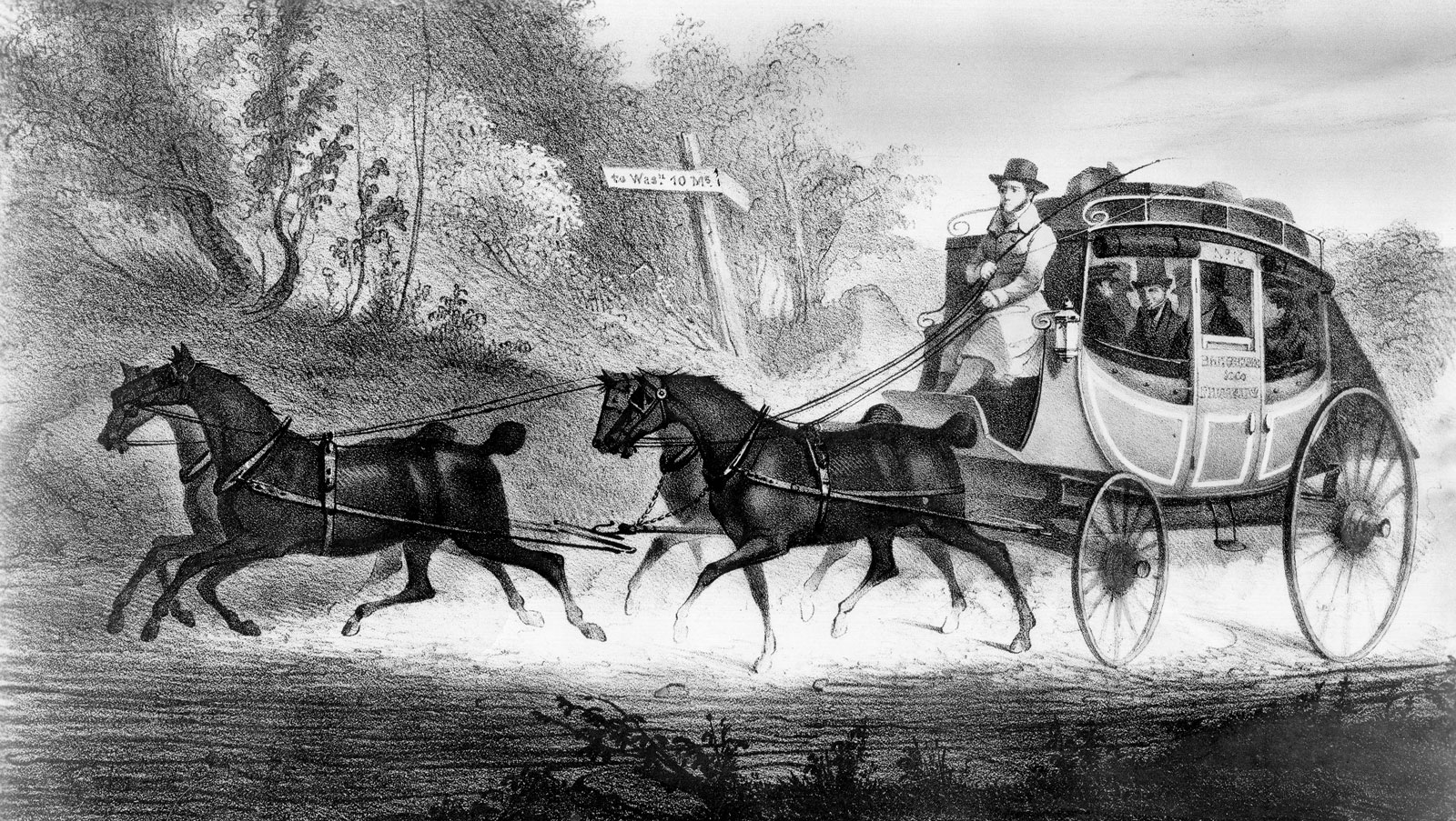 Photo of a stage coach, taking passengers to a destination.