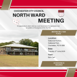 CHICHESTER CITY COUNCIL NORTH WARD MEETING MEETING WILL TAKE PLACE: Location: Oaklands Pavilion, Oaklands Park, Chichester, PO19 6BB Date: Tuesday 2nd June 2026 Time: 6pm-7pm NO BOOKING IS REQUIRED MORE INFORMATION ON OUR WEBSITE: www.chichestercity.gov.uk/ An opportunity to share views on Local Government Reorganisation and an update on the progress of the City Plan.